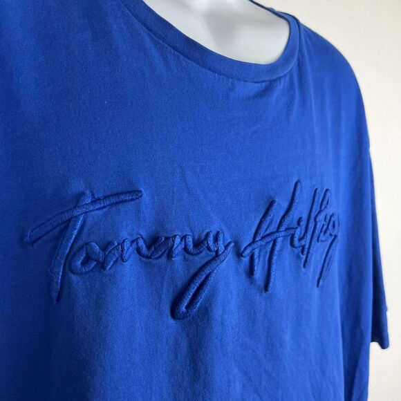 Tommy Hilfiger Shirt Men XXL Blue Short Sleeve Crew Neck Spellout Embroidery Tee - Picture 9 of 14